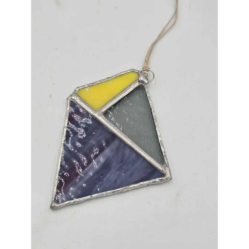 Handmade Stained Glass Geometric Suncatcher Ornament Purple Yellow Grey Abstract